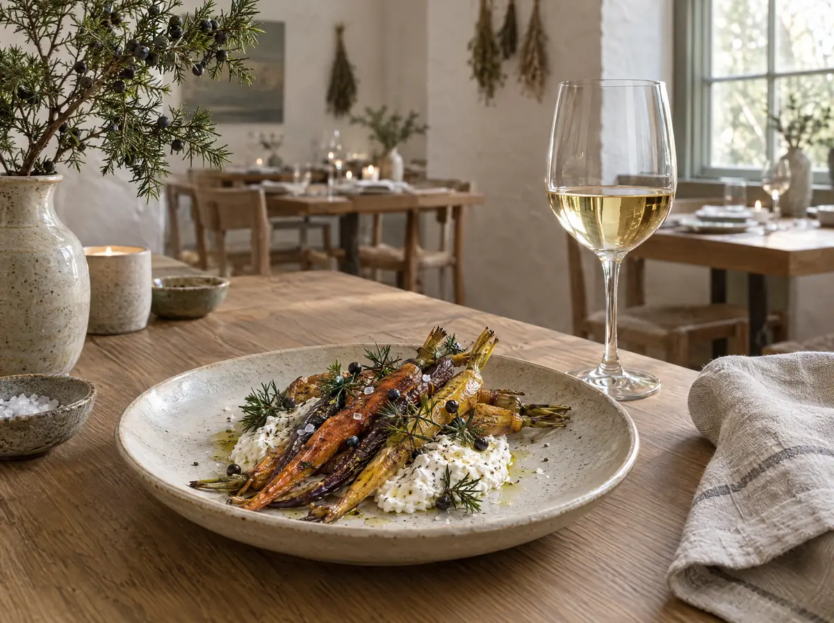Roasted heirloom carrots with ricotta and juniper in a daylit dining room